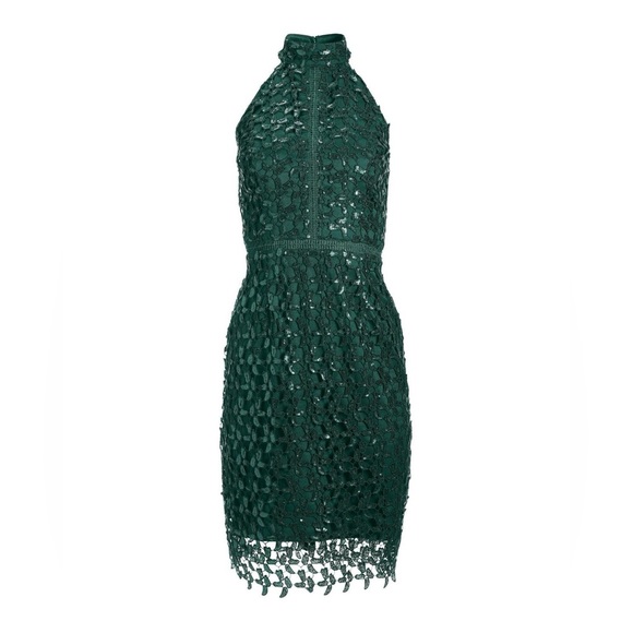 NEW Boston Proper Deep Emerald Sequin Lace High Mock Neck Sheath Dress Size 4 - Picture 5 of 16